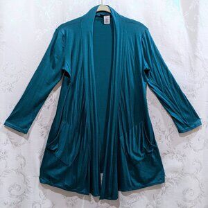 Open Front Draped Cardigan S Stretch Pockets Tunic Length Teal Colorful Boho